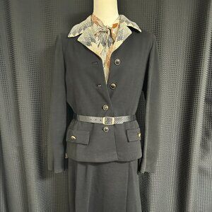 Bergdorf Goodman Vintage 1960s Mod Dress Suit Size 14 Black Wool Geometric Print